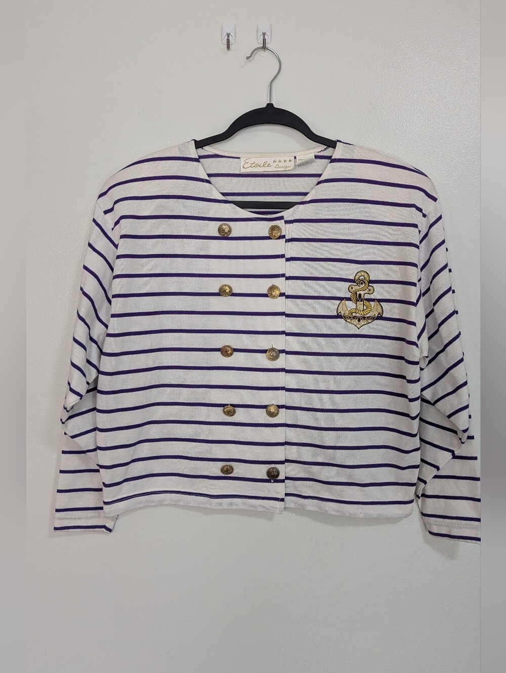 Vintage 80s/90s Etoile Design Nautical Striped Anchor Embroidered Sailor Top M